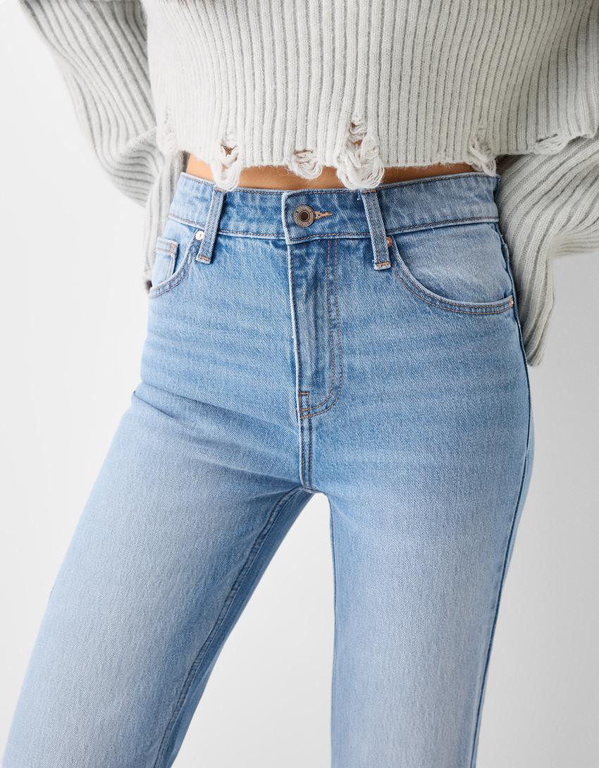 Flared split hem comfort jeans-Light blue-3