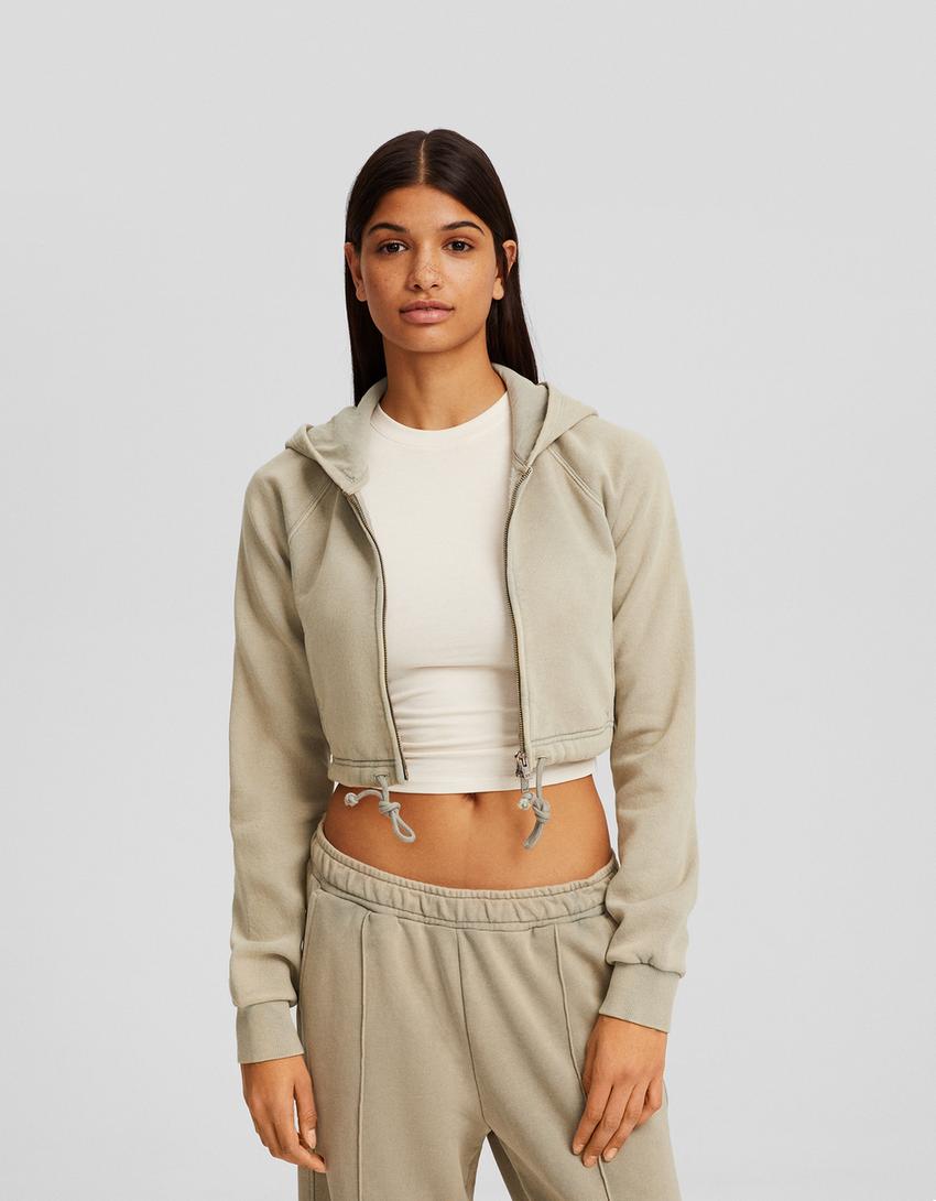 Cropped zip-up hoodie-Khaki-0
