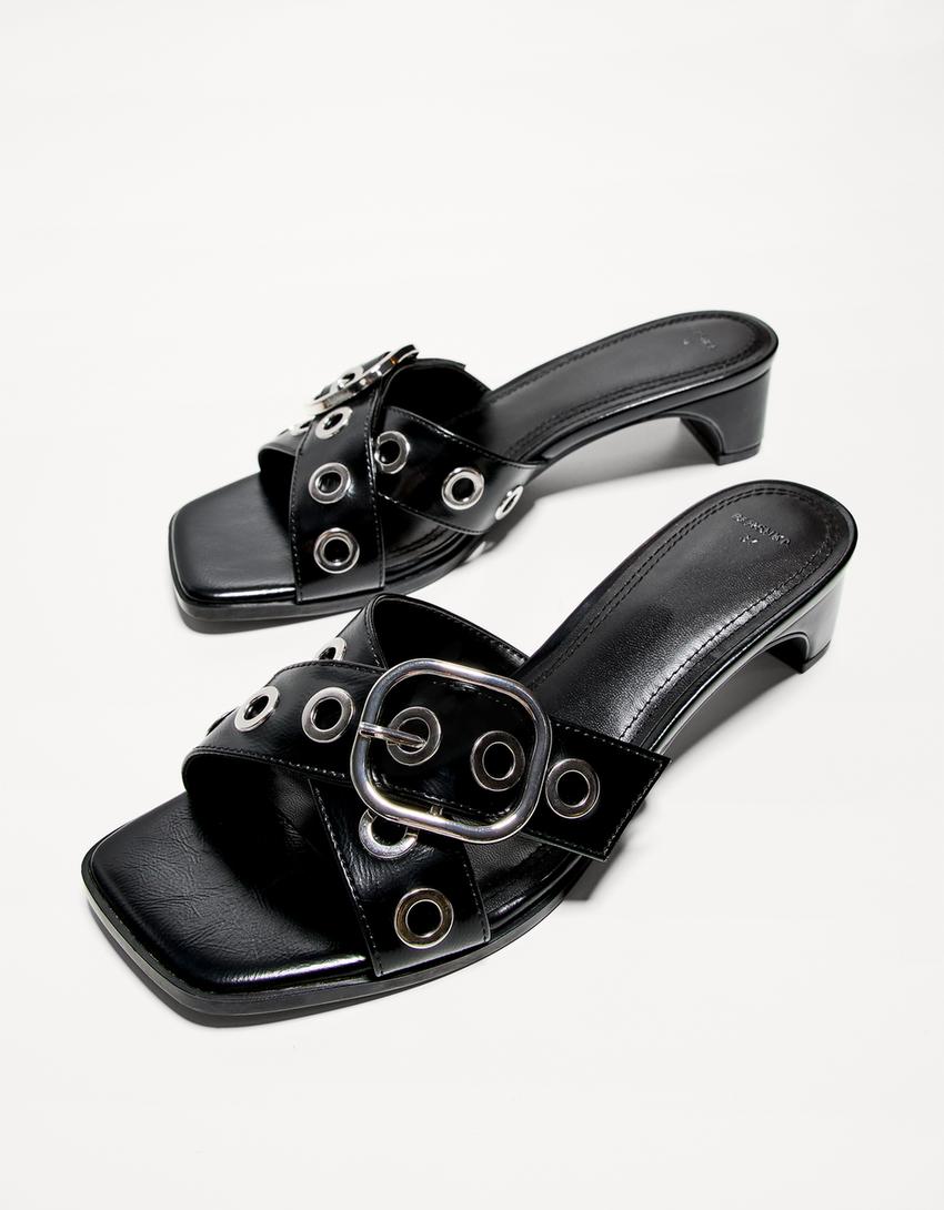 Sandales talon mules boucle-Noir