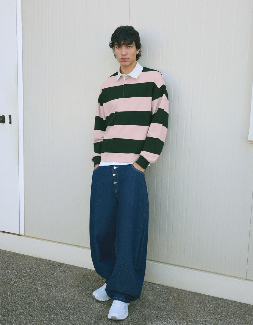 Striped plush polo shirt-Pink