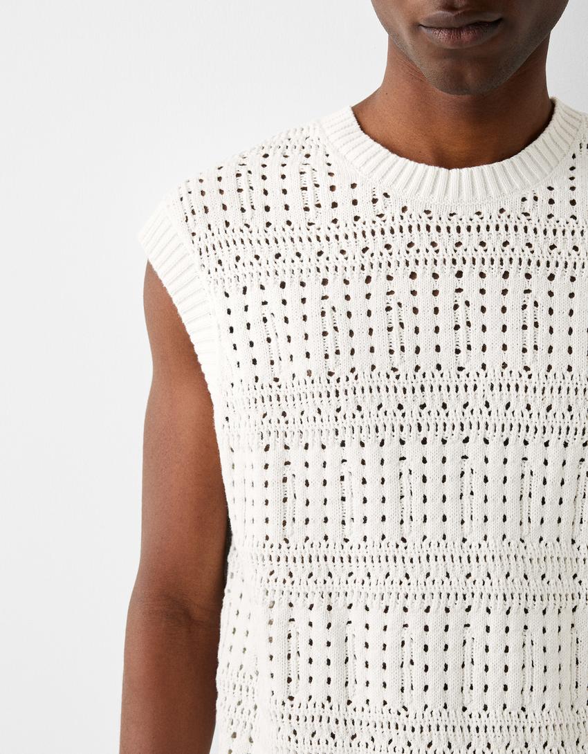 Textured openwork vest-White-5