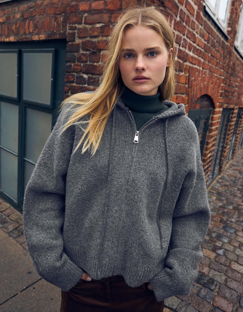 Hooded zip-up cardigan-Grey