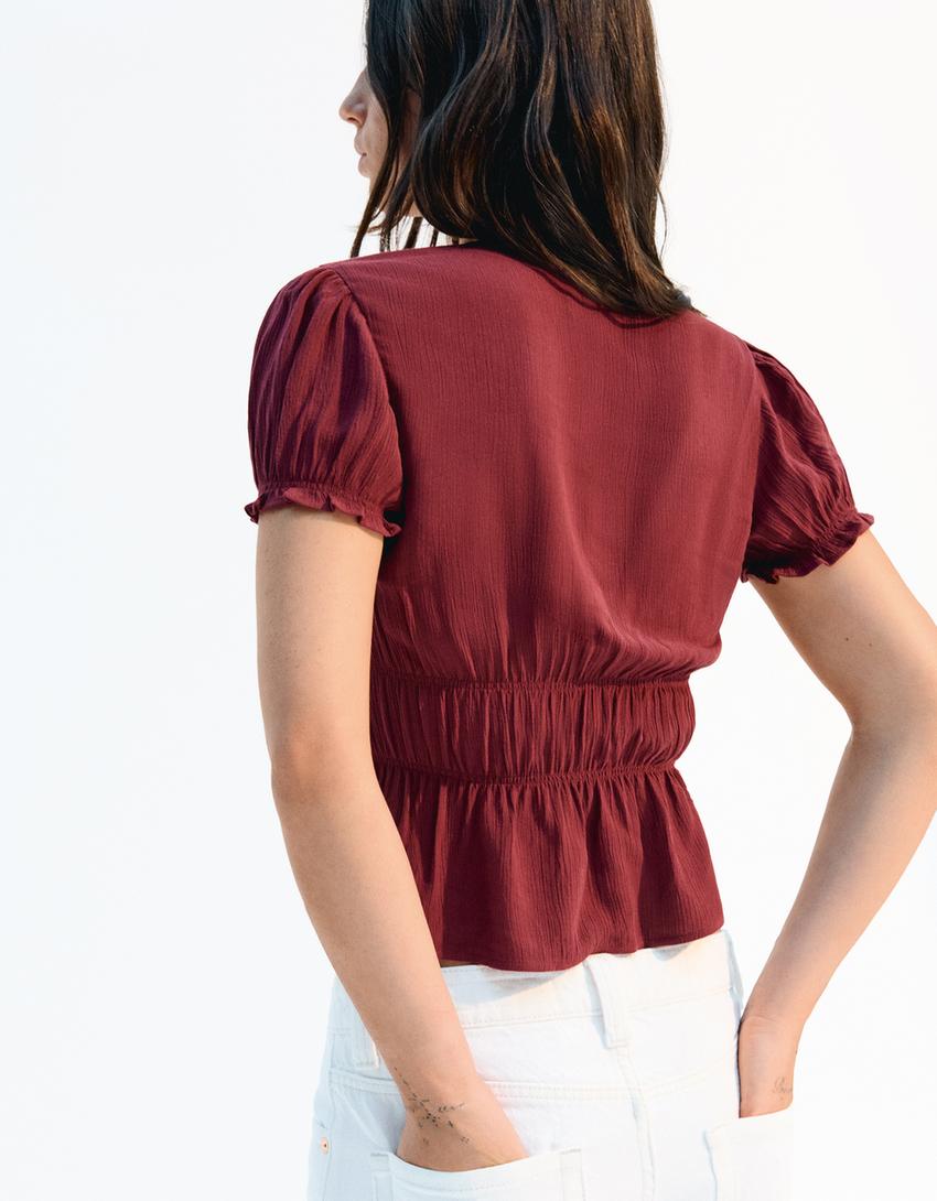 Chemise manches courtes froncée nœud-Grenat-1