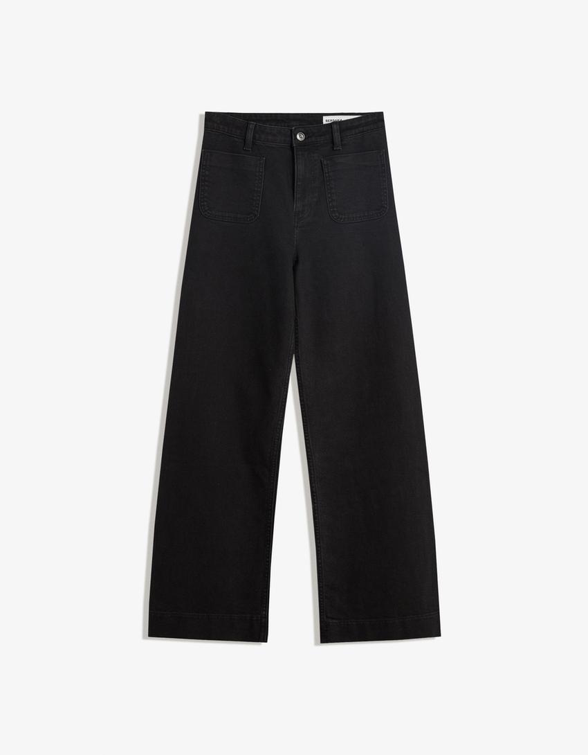 Jeans gamba larga seamless con tasche-Nero-3