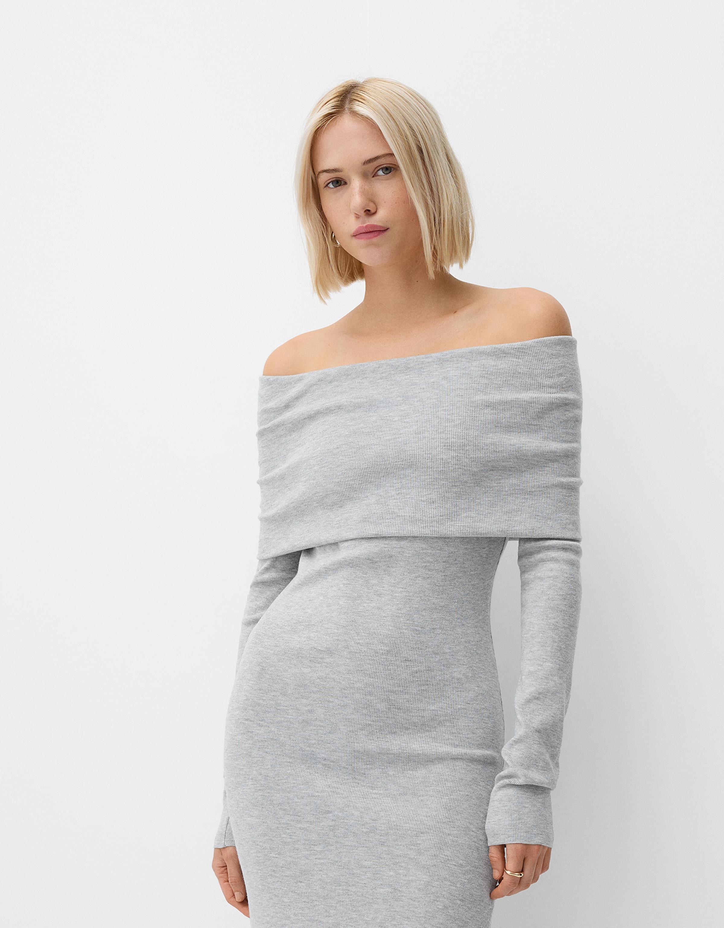 Bershka Strick-Midikleid Mit Carmen-Ausschnitt Damen S Grau