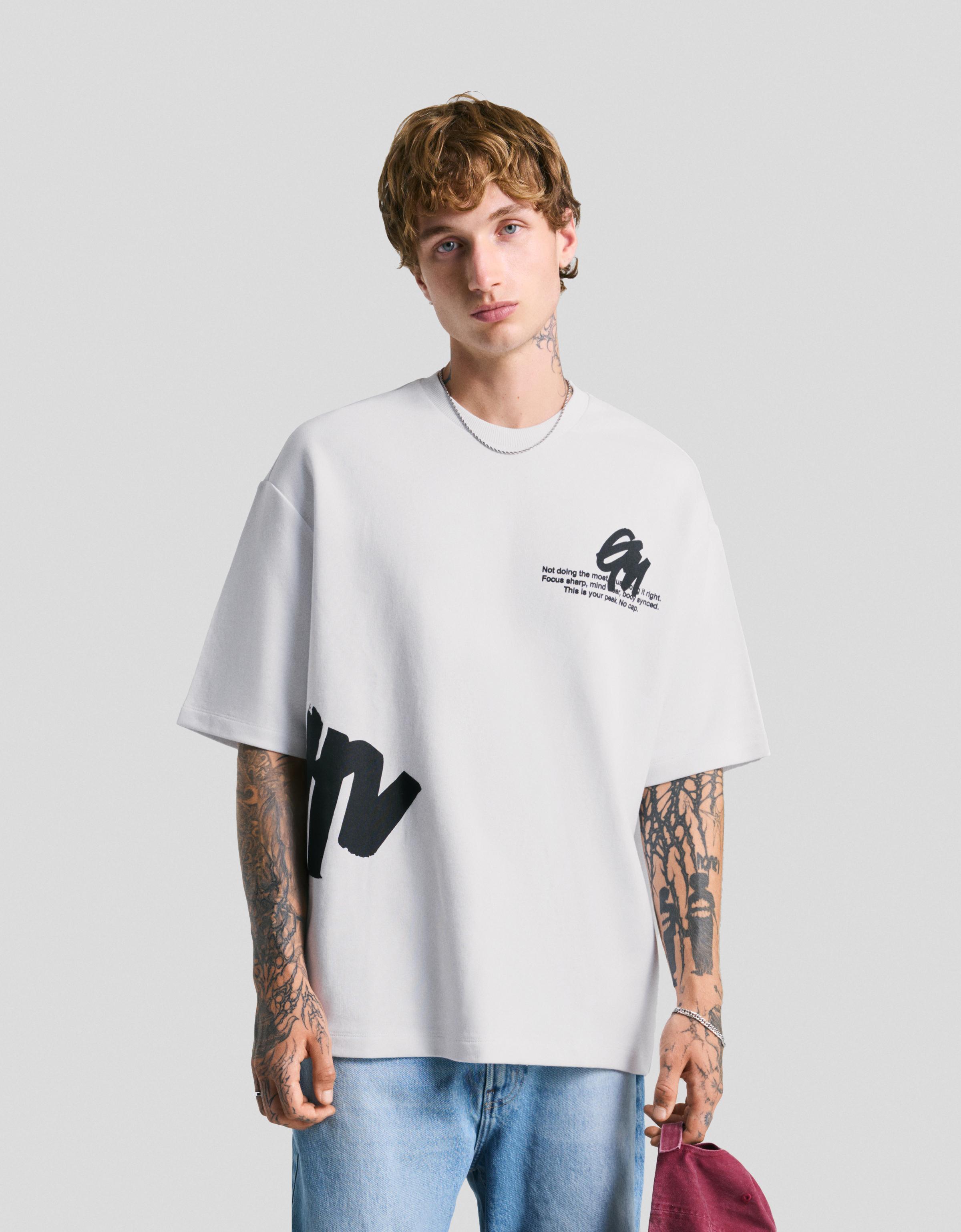 Bershka T-Shirt Mit Kurzen Ärmeln Und Frottee-Print Herren M Weiss