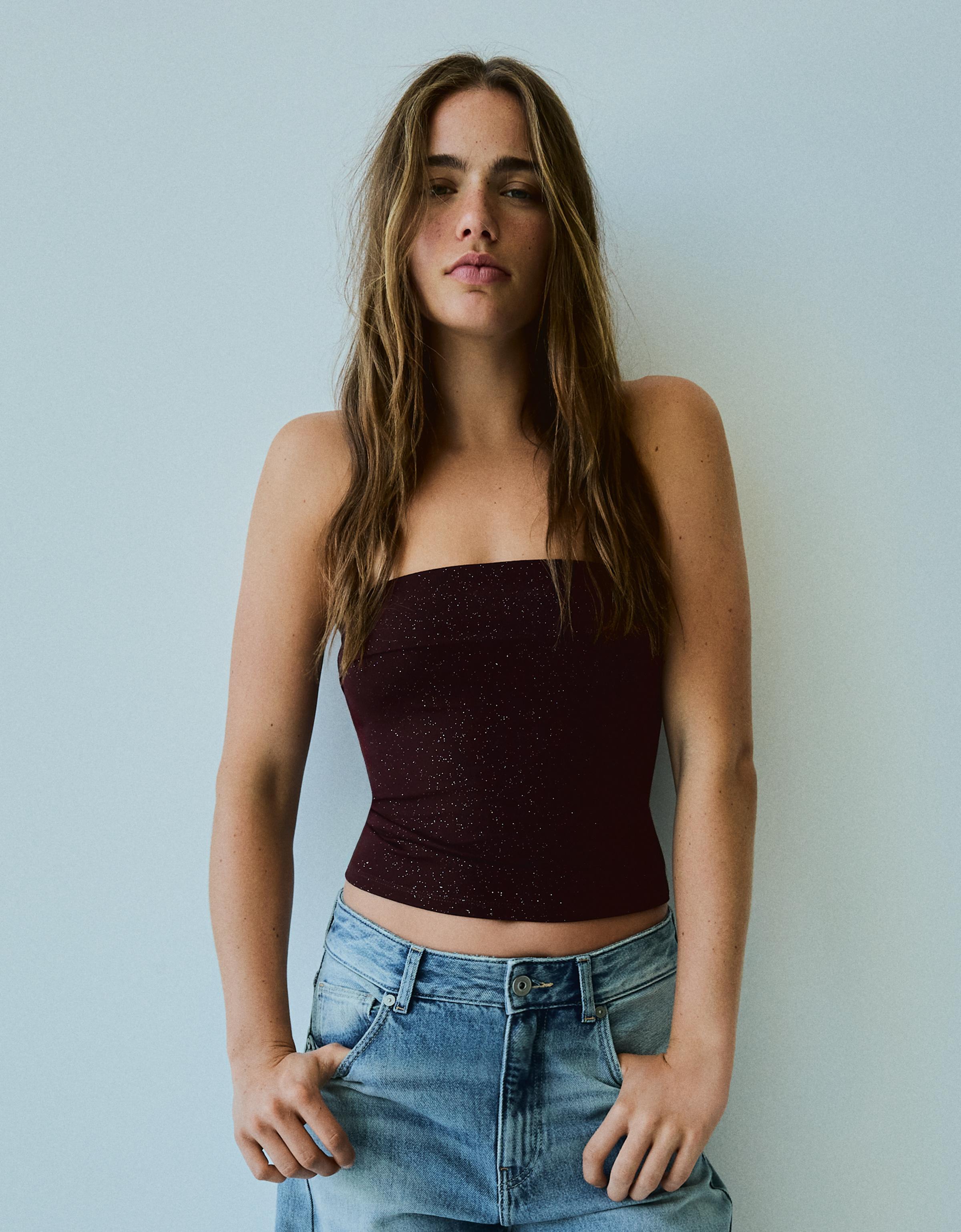 Bershka Top Bandeau Brillo Mujer Burdeos