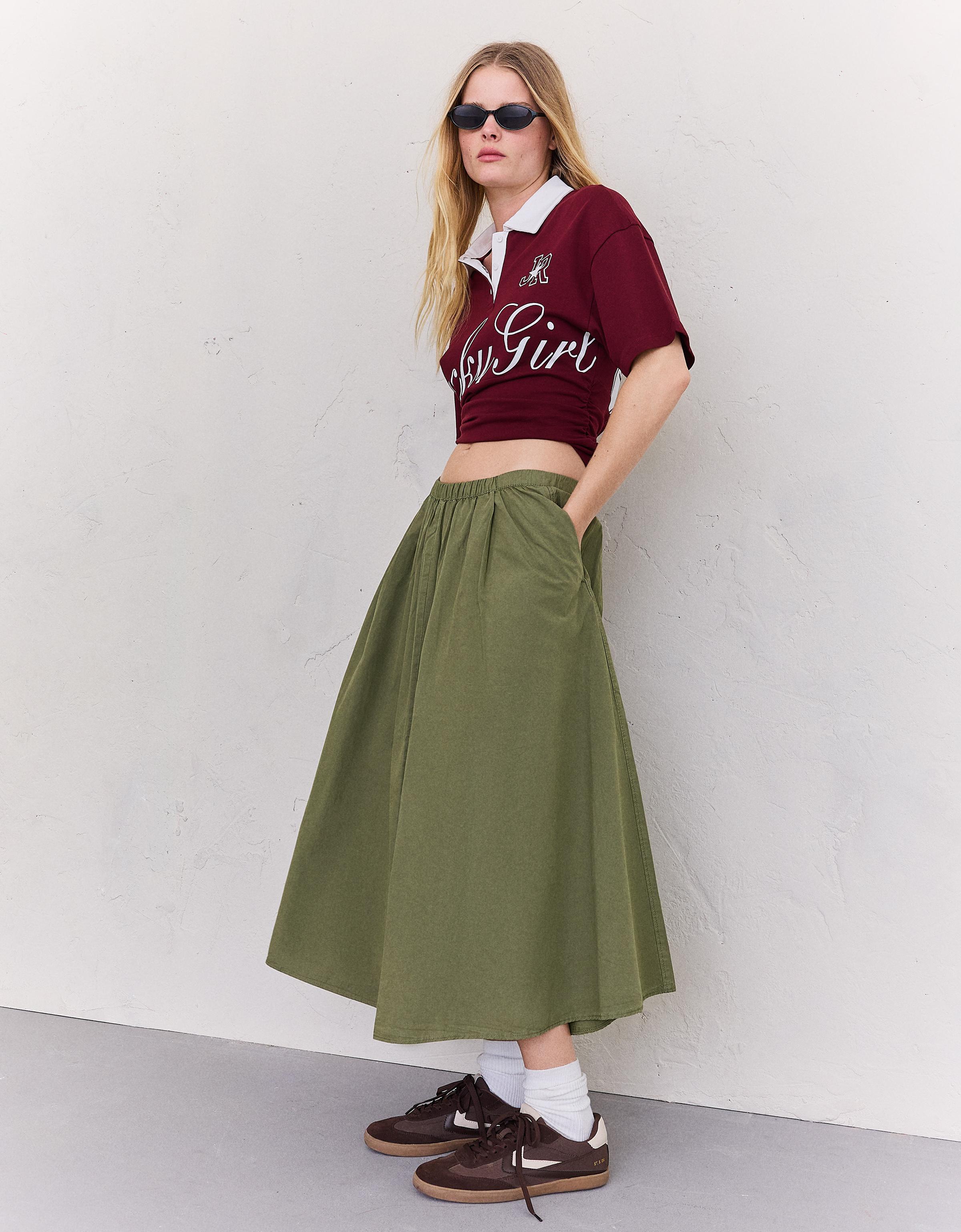 Elasticated waist midi skirt — Khaki