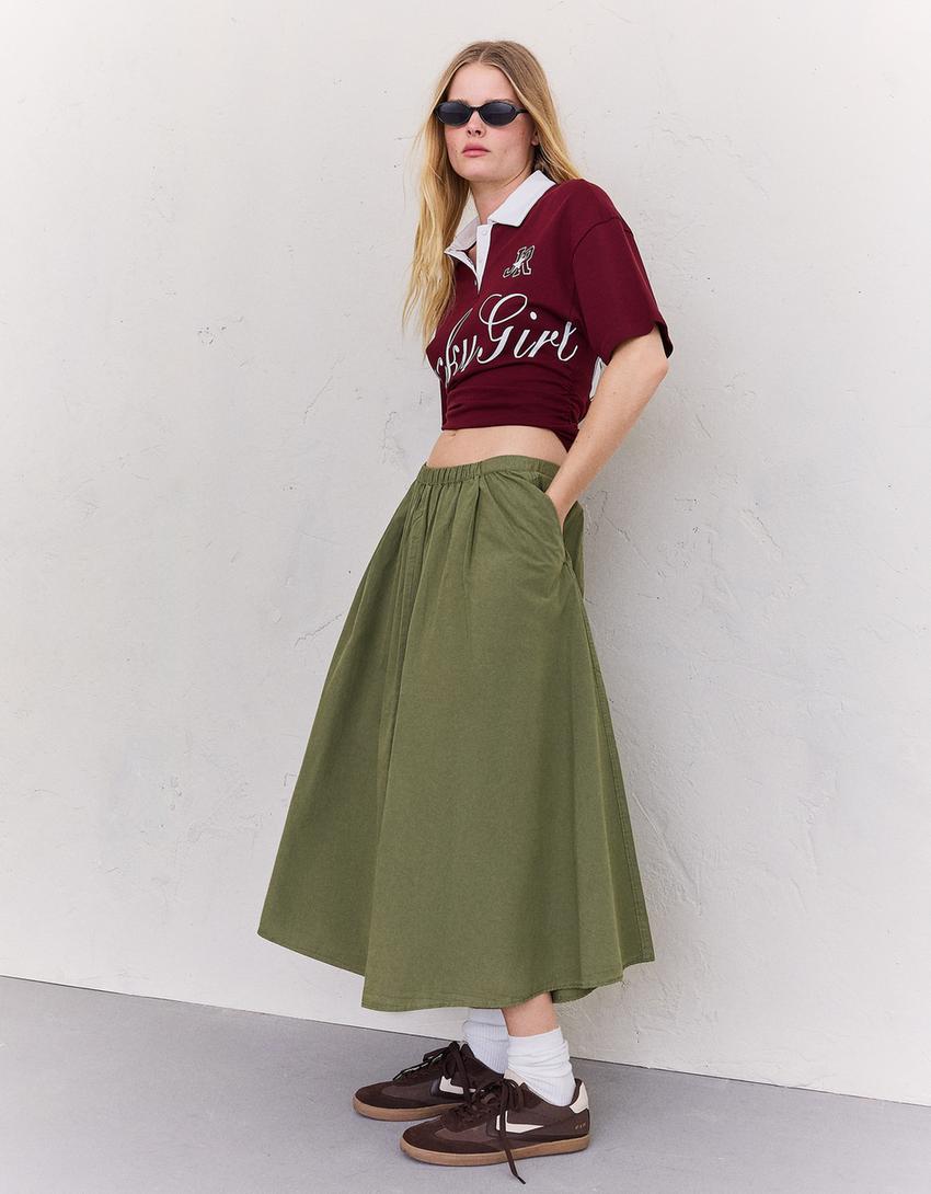 Spódnica midi z elastycznym pasem-Khaki
