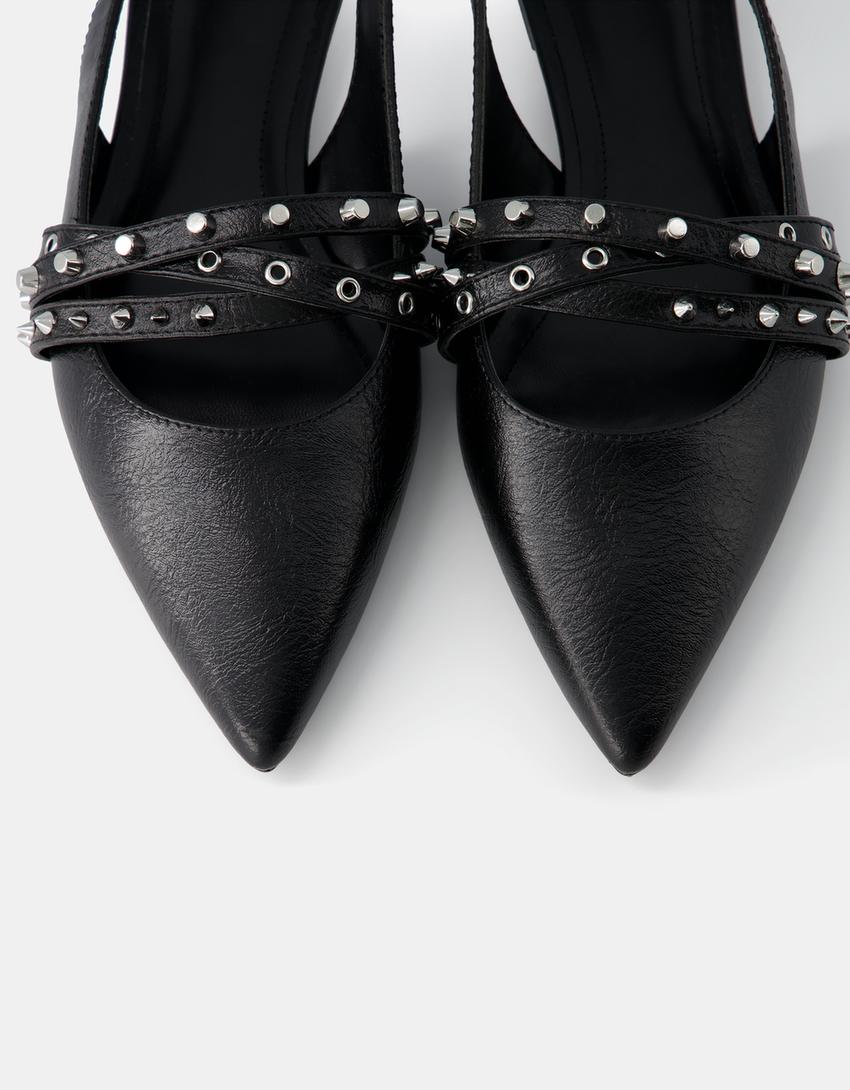 باليرينا بكعبية مفتوحة ودبابيس معدنية صغيرة-أسود-3