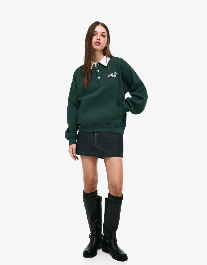 Sweter z kołnierzykiem polo z nadrukiem-Zielony