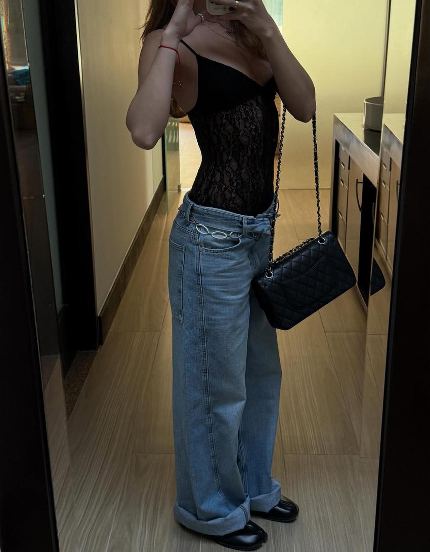 Jean barrel taille repliée-Bleu lavé