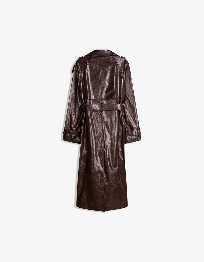 Oversized trenchcoat met leereffect-Bruin