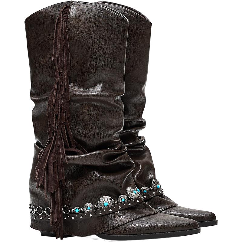 Fringed cowboy heel boots — Brown