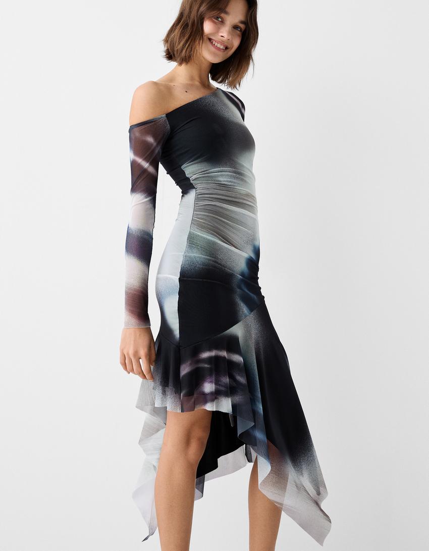 Vestido midi manga comprida assimétrico estampado-Azul escuro-3