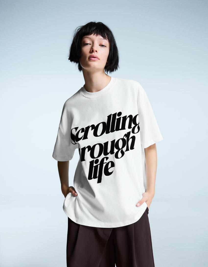 T-shirt manches courtes oversize imprimé-Blanc cassé