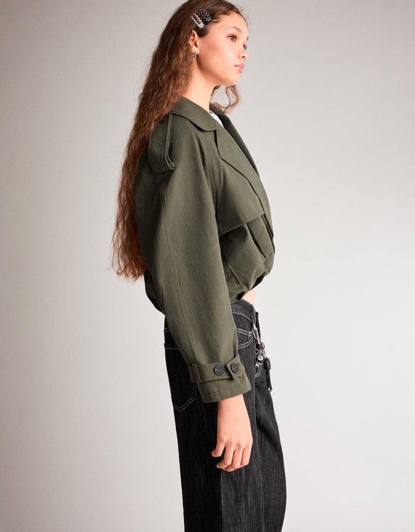 Balloon effect cropped trench coat-Khaki