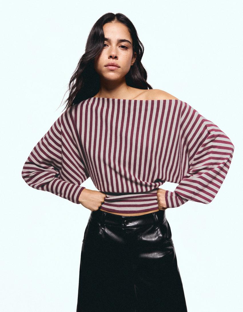 Striped asymmetric neck sweater-Burgundy