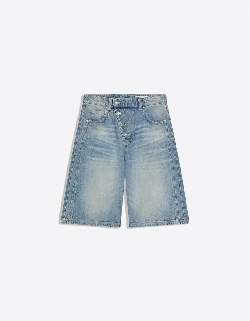 Calções bermuda barrel fit cruzados-Azul lavado