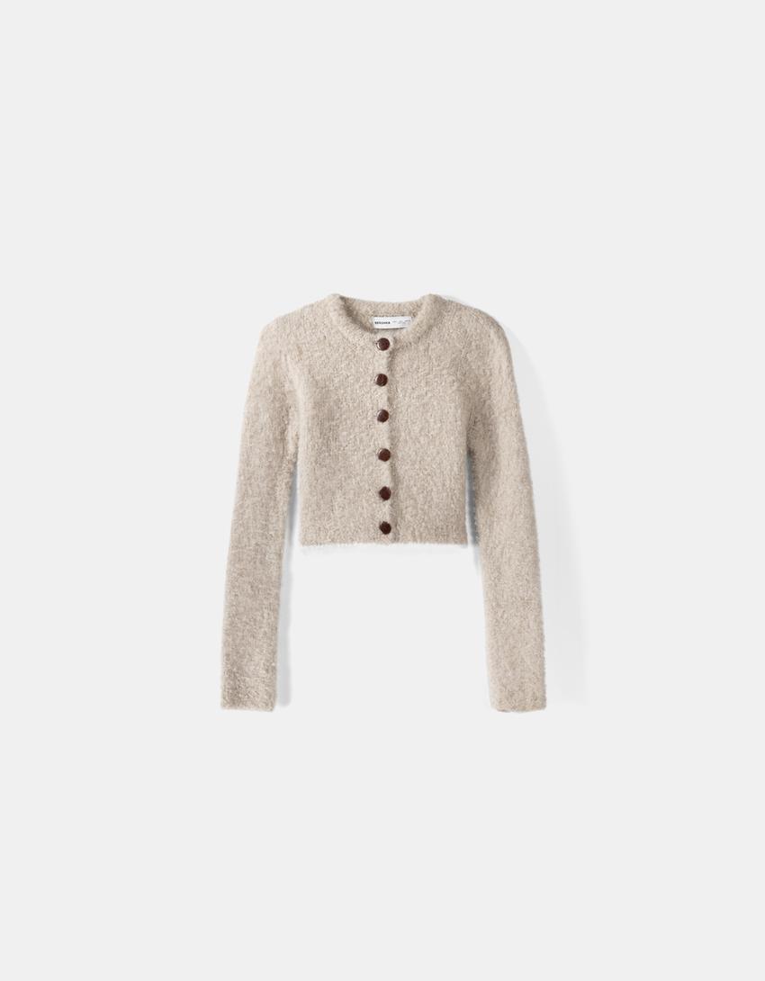 Short bouclé button-up cardigan-Sand-4