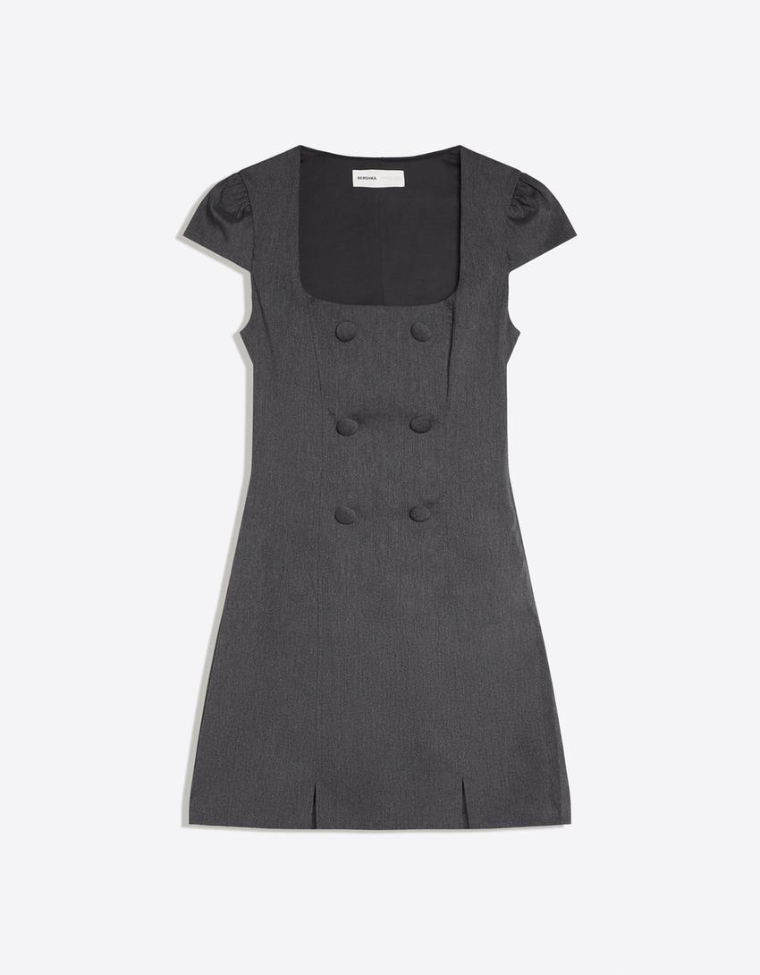 Short sleeve button mini dress-Grey