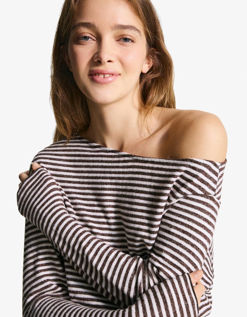 Asymmetric striped knit jumper-Brown