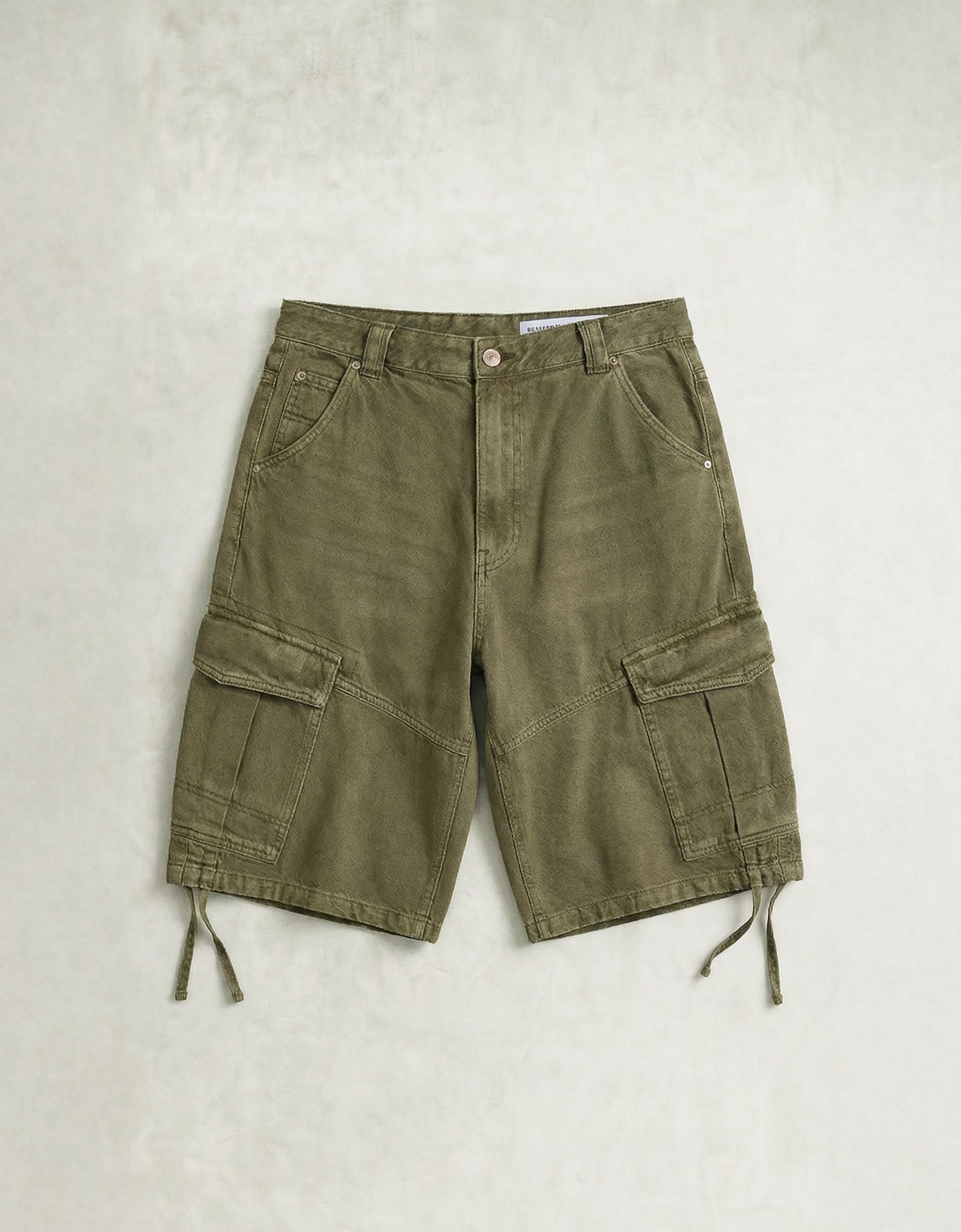 Denim cargo parachute Bermuda shorts — Khaki