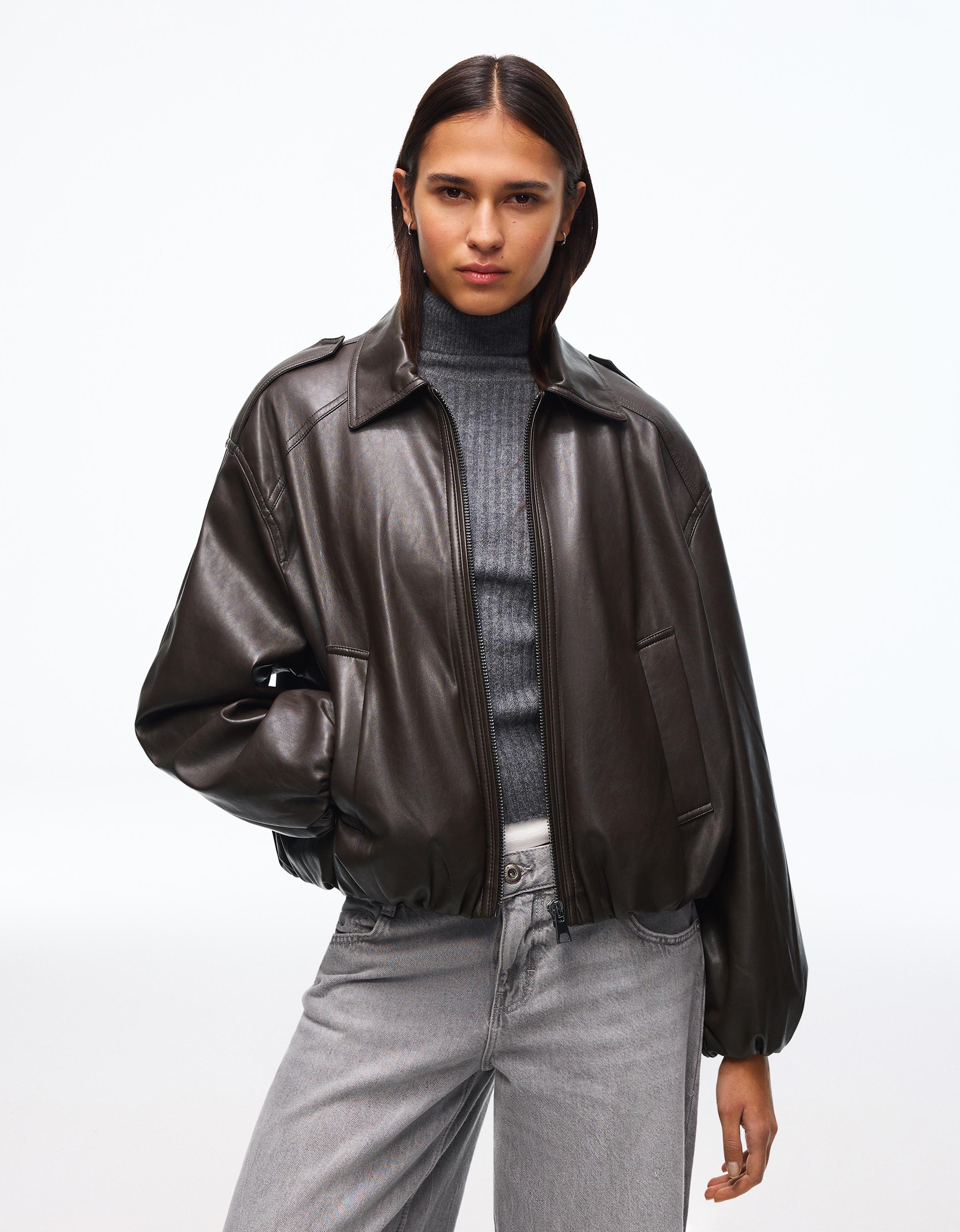 Leather effect puffer jacket — Brown