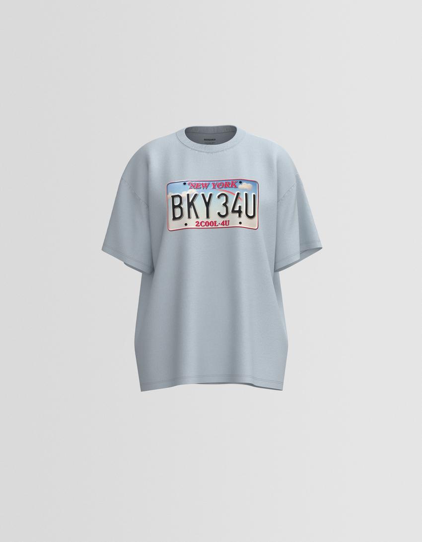 T-Shirt mit Print und kurzen Ärmeln-Ausgewaschenes Blau-3