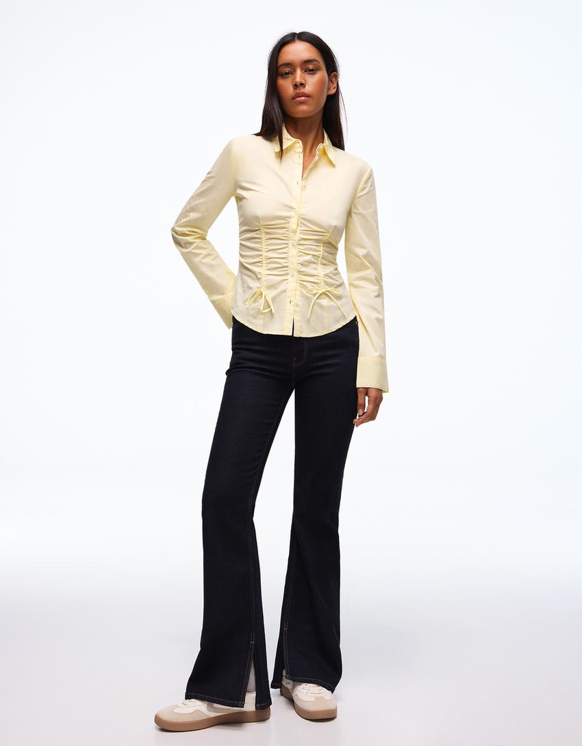 Gathered poplin shirt-Yellow