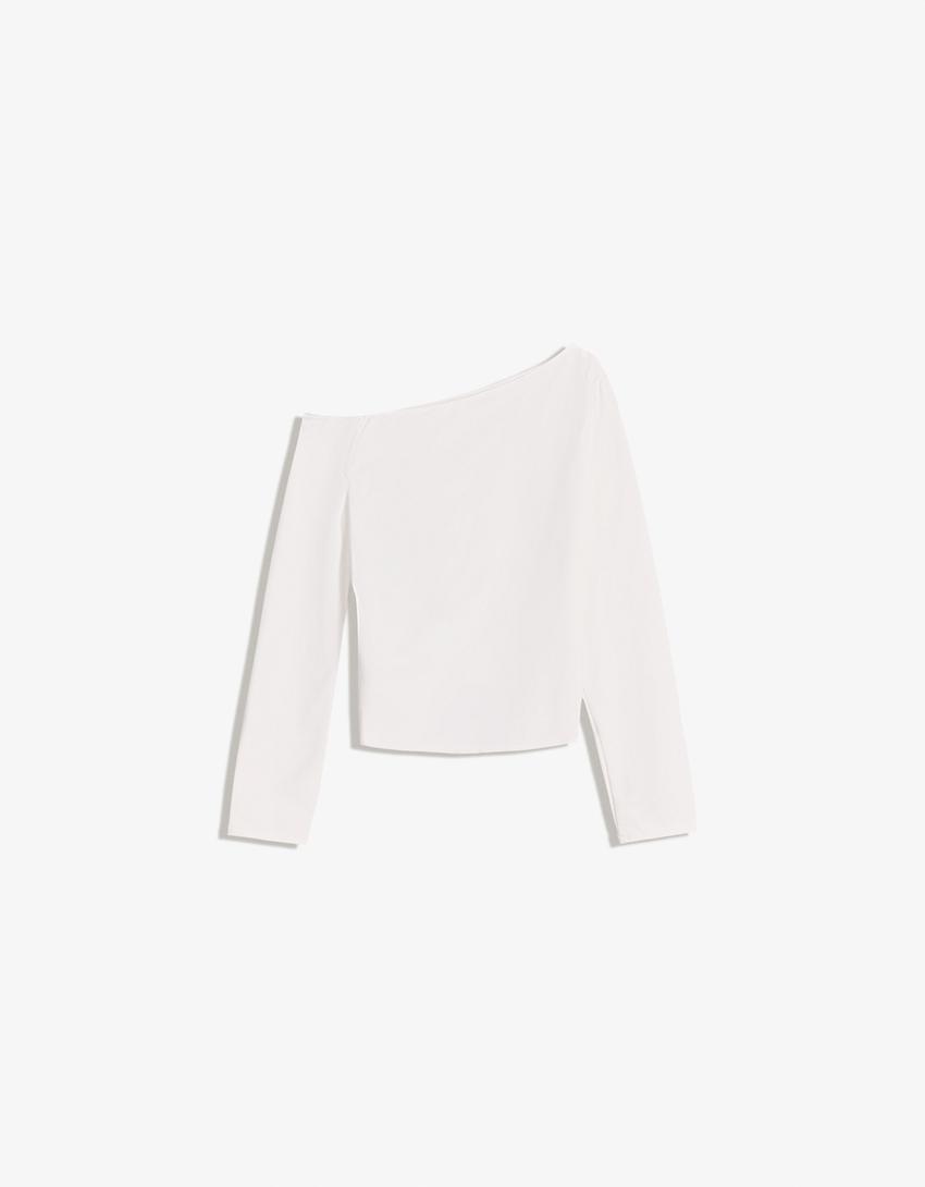 Camiseta manga larga cuello asimétrico-Blanco roto