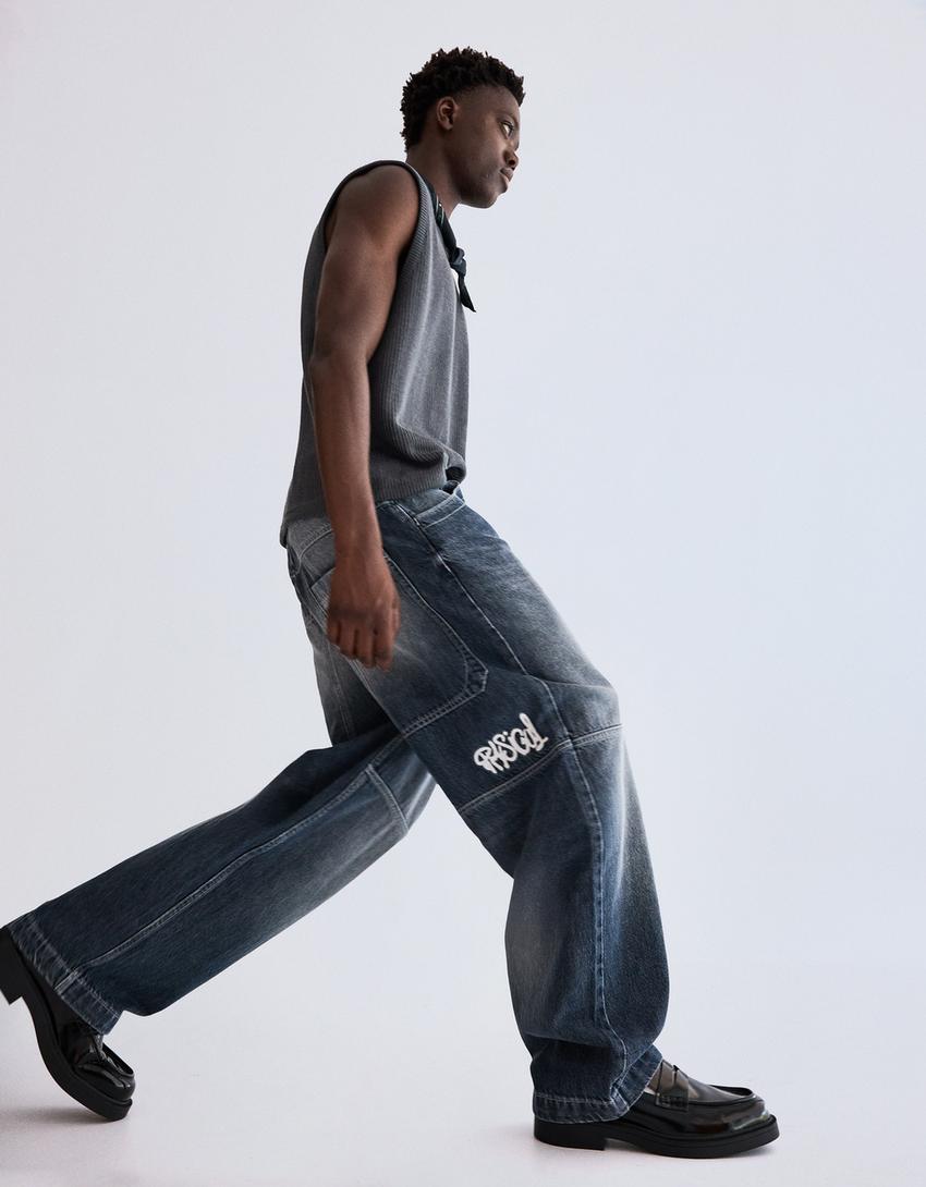 Jeansy o kroju super baggy-Niebieski-0