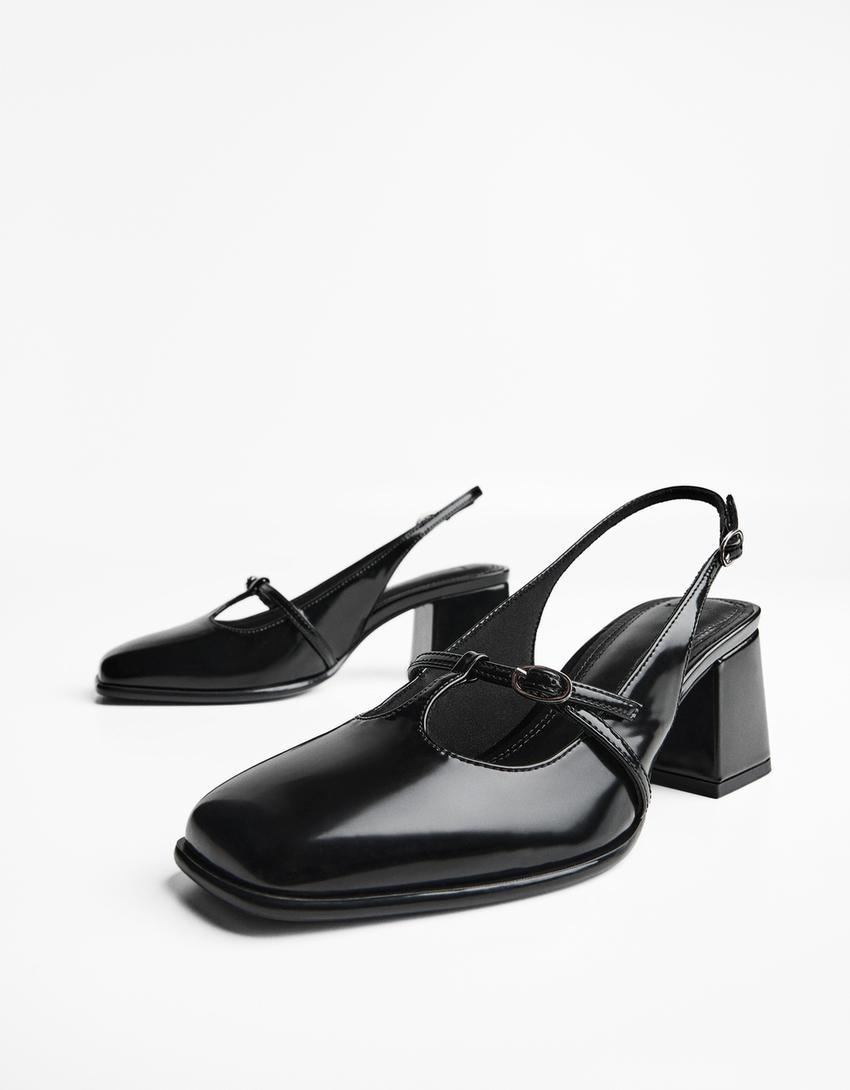 High-heel slingback shoes with buckled strap-BLACK