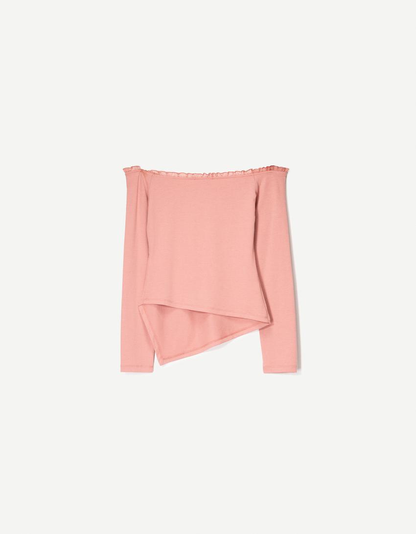 Uzun kollu asimetrik t-shirt-Pembe-4