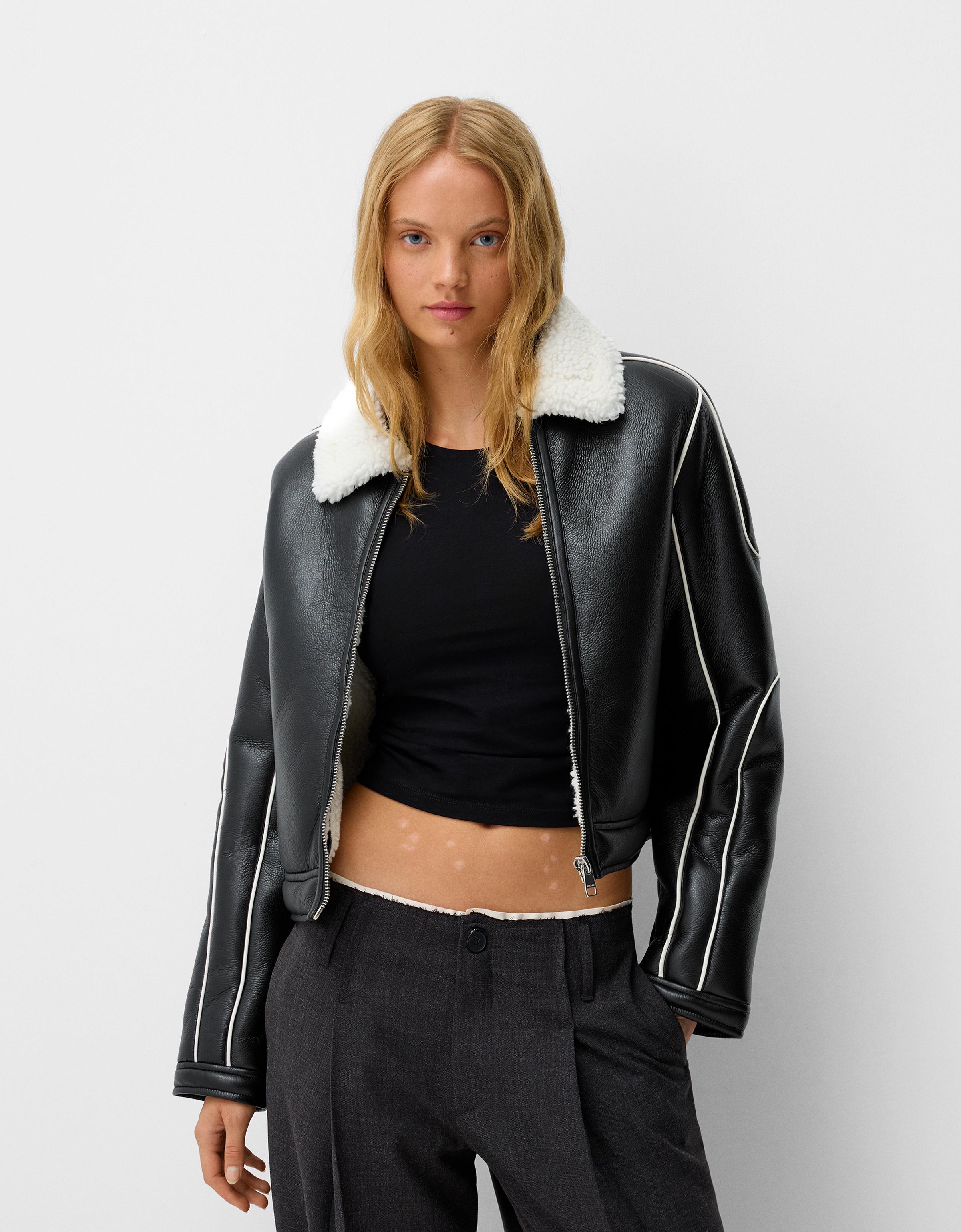 Bershka Doubleface-Jacke Aus Kunstleder Damen M Schwarz