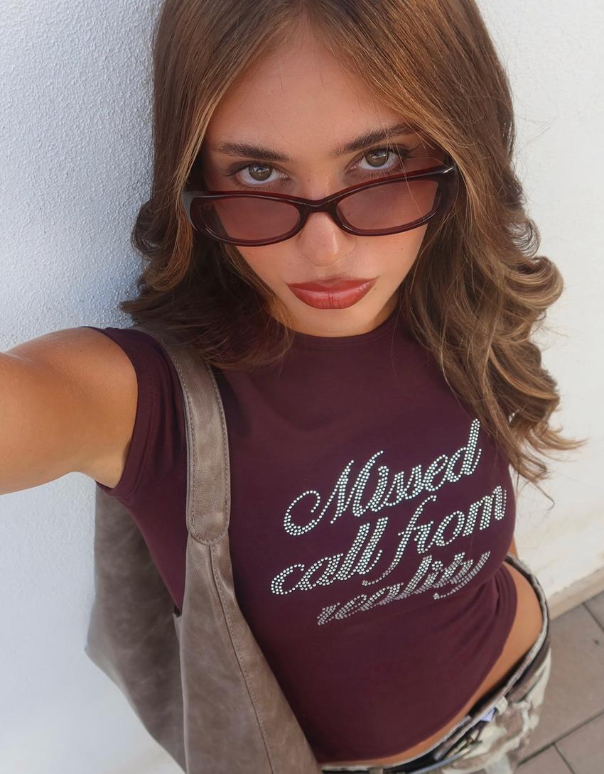T-shirt manches courtes strass-Bordeaux
