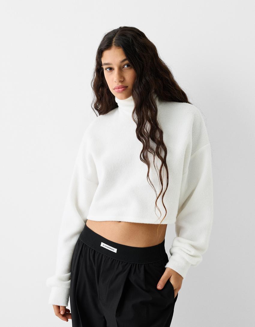 Cropped sweater with a high neck-Off white-0