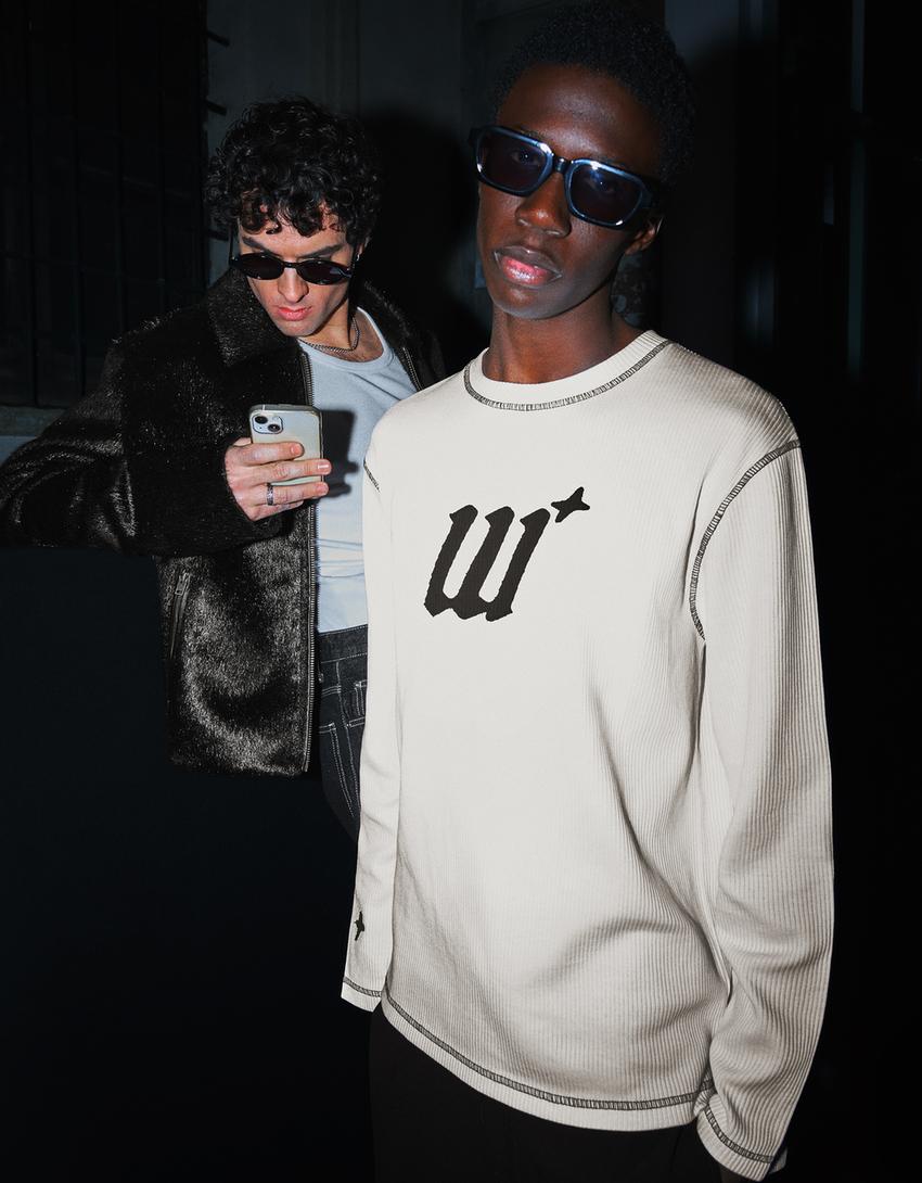 T-shirt manga comprida nervuras remendo-Branco