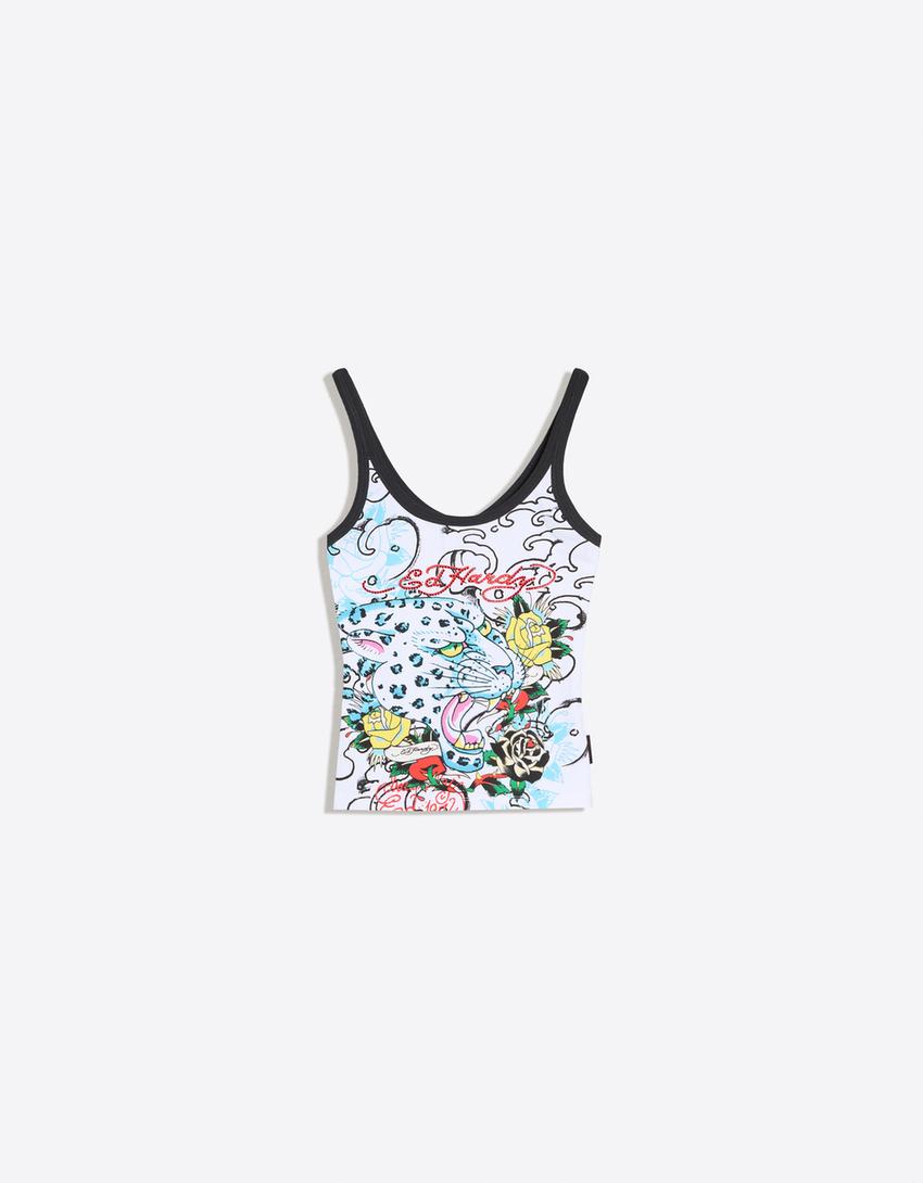 Débardeur imprimé ED HARDY X BERSHKA-Blanc cassé
