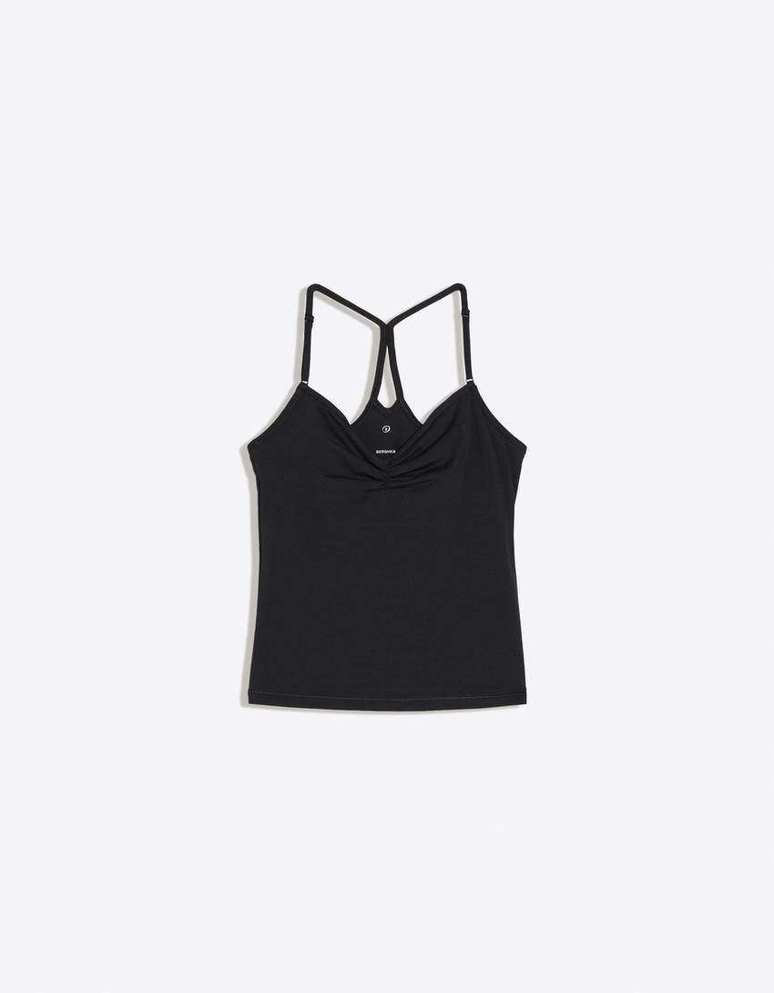 Gathered strappy T-shirt-Black