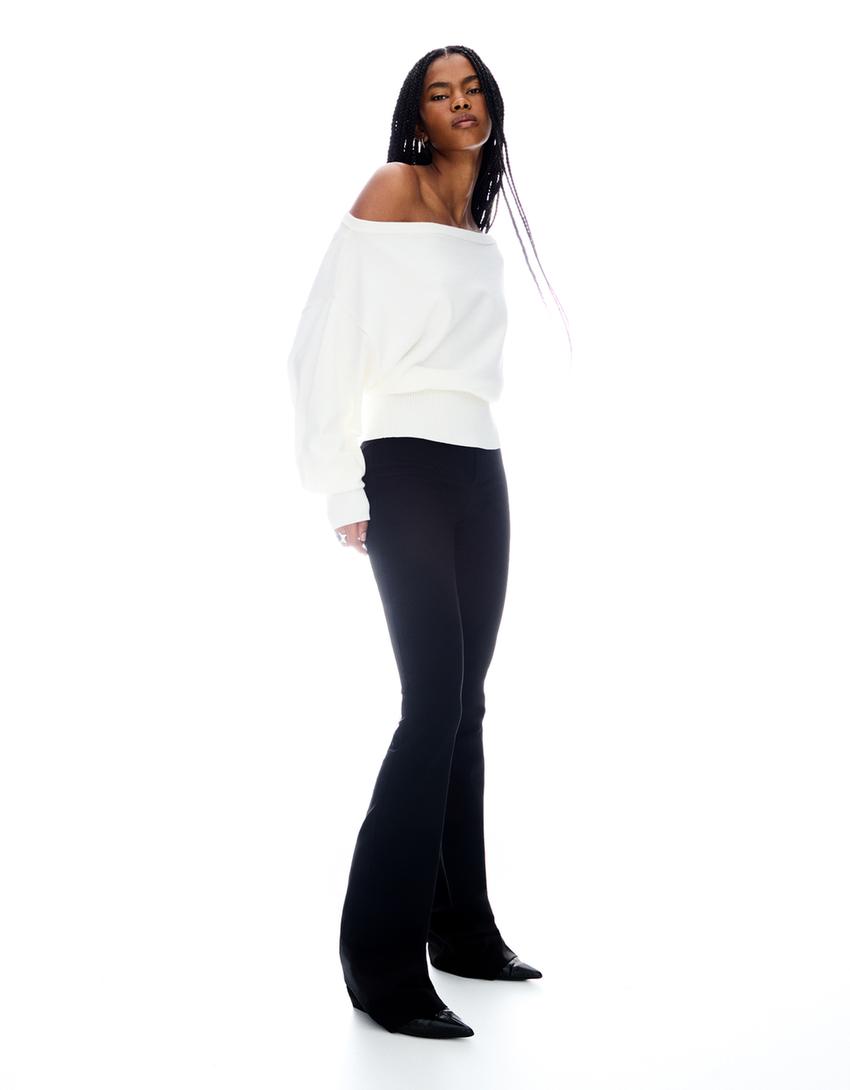 Asymmetric sweater with ribbed hem-Cream