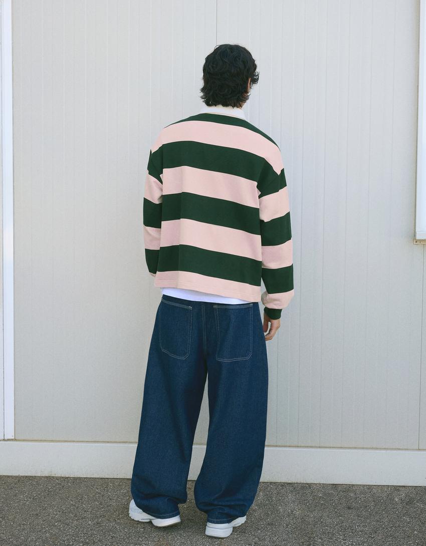 Striped plush polo shirt-Pink