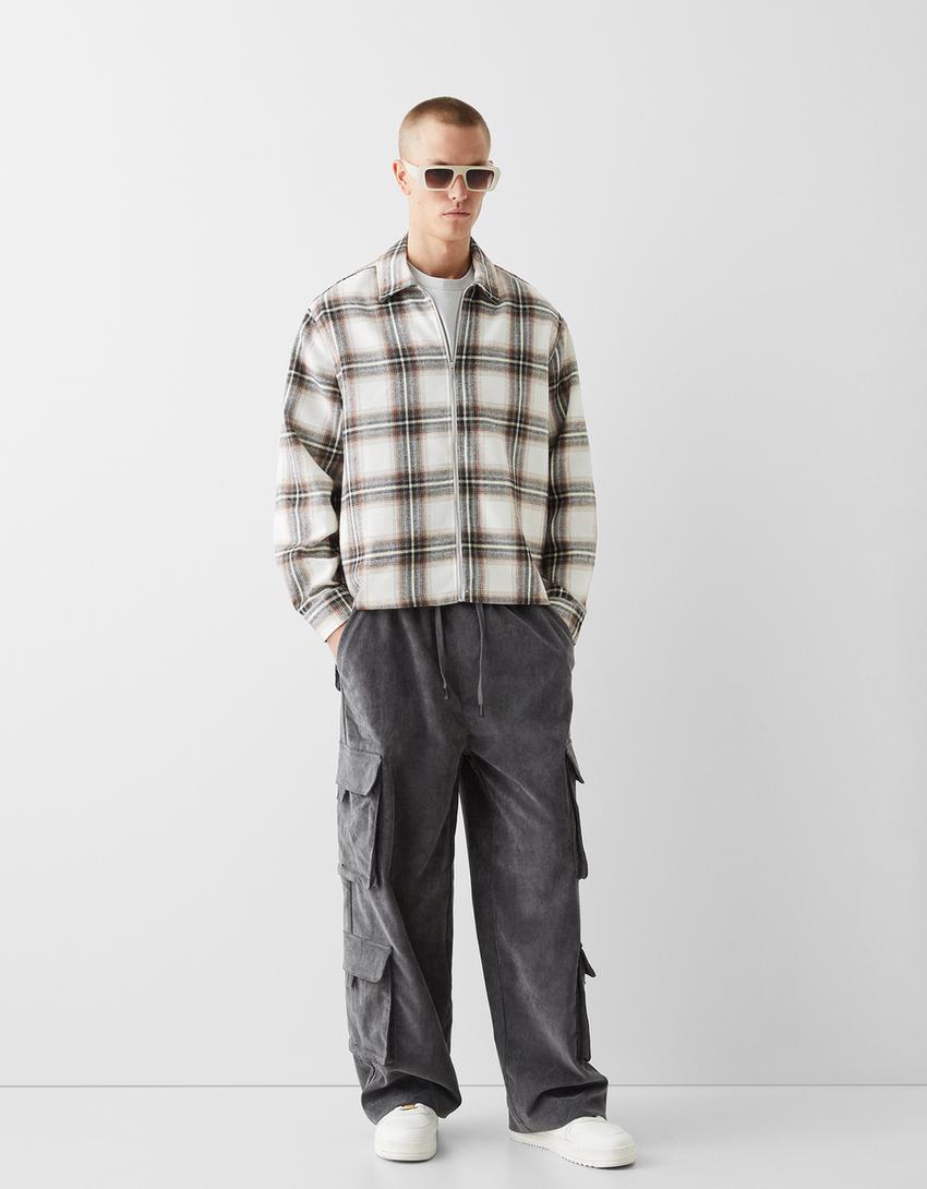 Long sleeve zip-up check overshirt-Burgundy-3