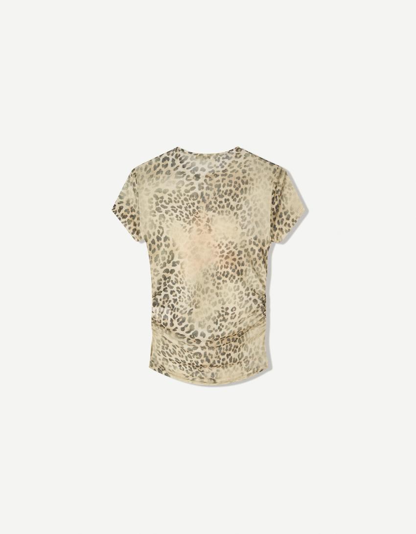 T-shirt à manches courtes en tulle imprimé-Camel