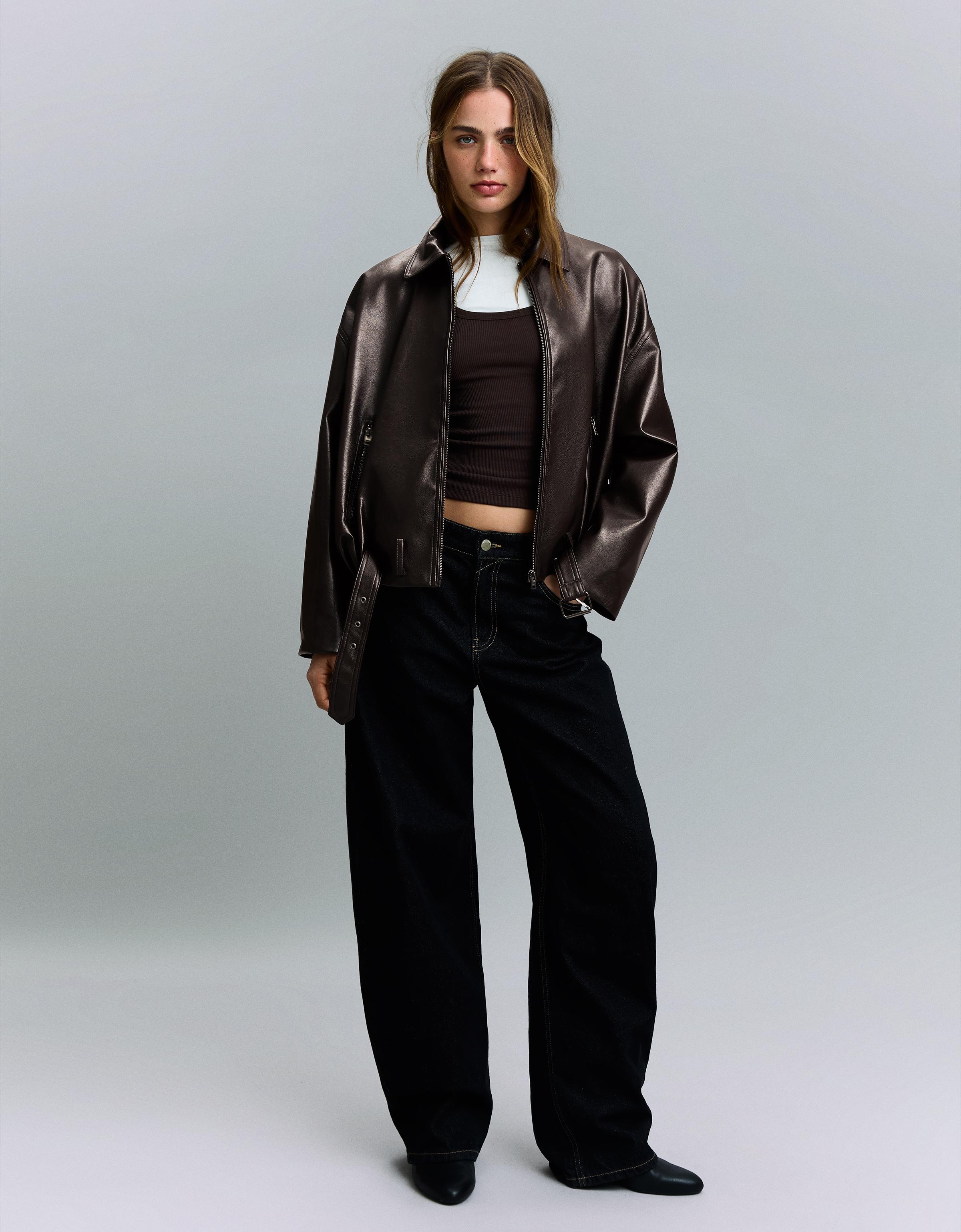 Leather effect bomber jacket with belt — Brown