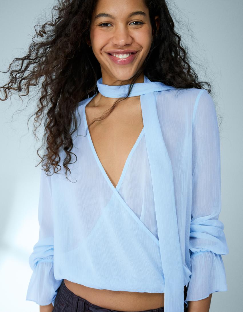Blusa manga comprida cruzada lenço-Azul claro