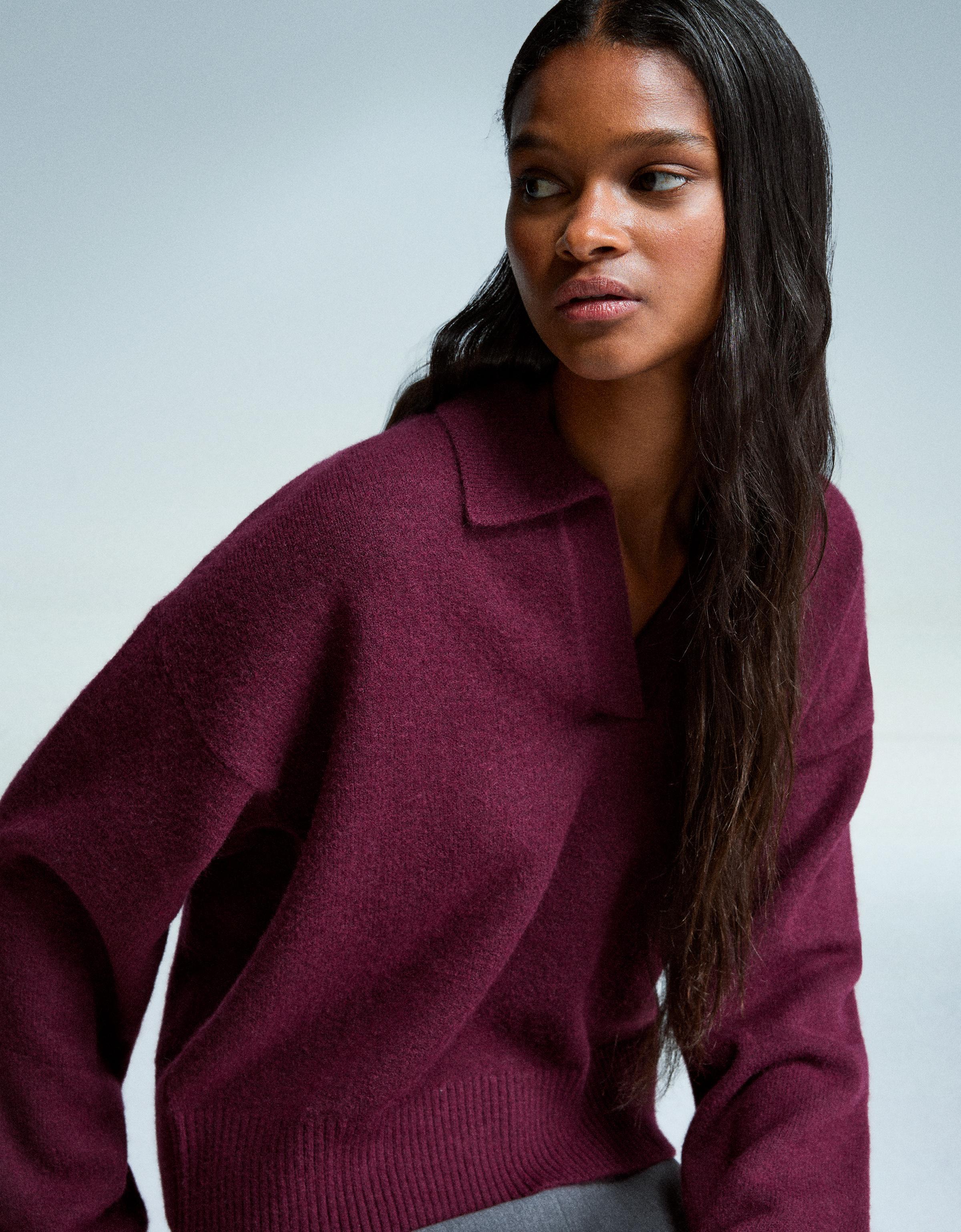 Bershka Pullover Mit Polo-Kragen Damen S Bordeaux