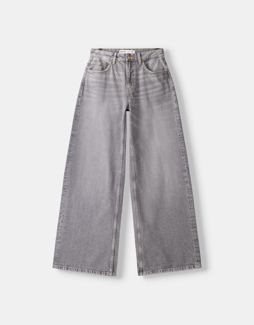 Bershka Pantaloni Pelle Argento Jeans Wide Leg Donna Bershka