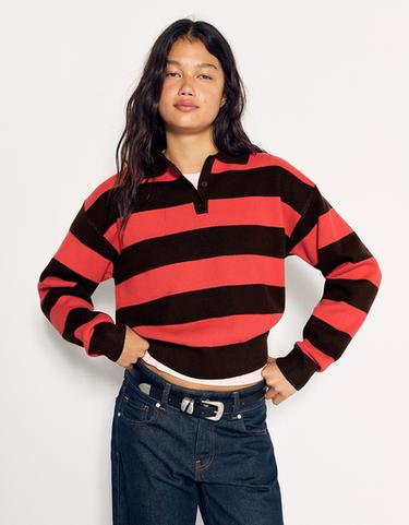 Button-up boxy polo collar jumper — Brown 1