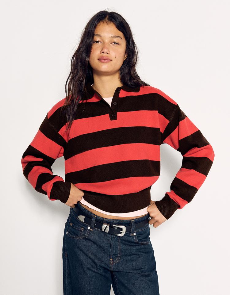 Button-up boxy polo collar jumper — Brown